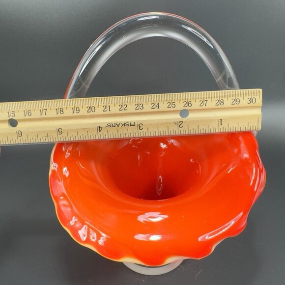 Vintage 1980s Venetian Art Glass Basket Bowl With Handle Red White Art Glass VTG - Picture 2 of 14